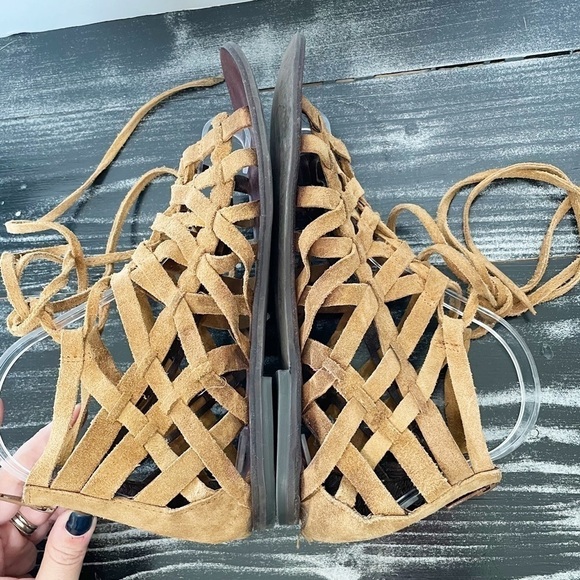 Free People Great Lengths Lace-up Light Tan Sandals Back Zip Leather - Picture 5 of 9